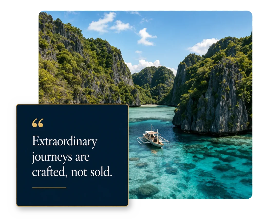 Palawan lagoon and private boat with an Extraordinary journeys are crafted, not sold quote card.