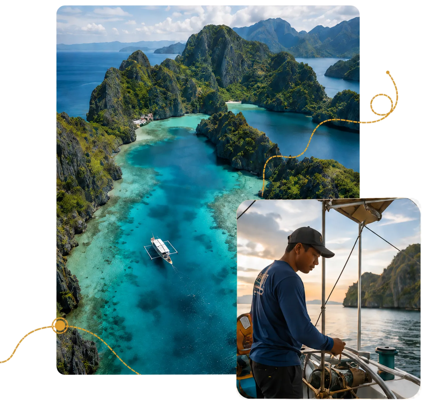 Aerial Palawan lagoon and private boat captain collage with transparent background.
