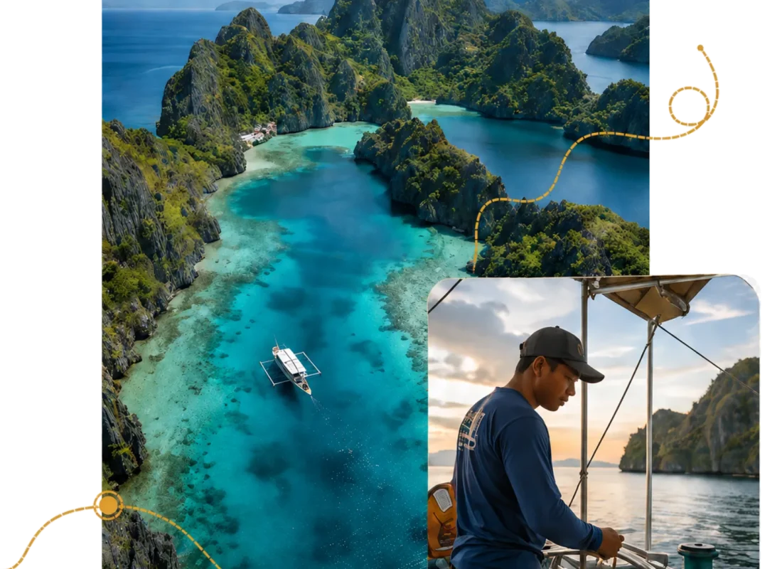 Aerial Palawan lagoon and private boat captain collage with transparent background.