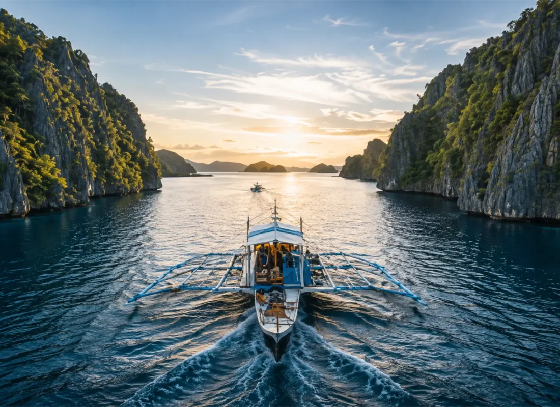 Private outrigger boat sailing between limestone islands in Palawan during golden hour.